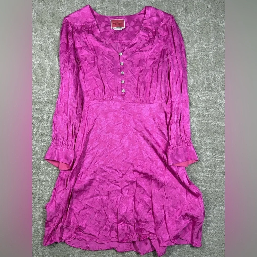 Kate Spade Jewel Button Jacquard A Line Pink Bow Long Sleeve Dress Size 8